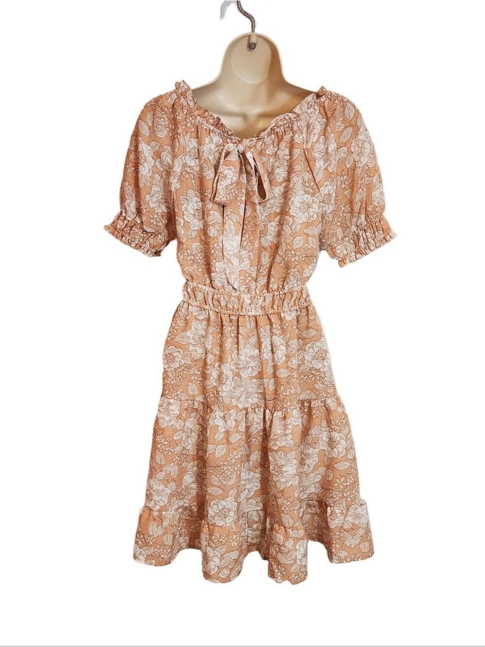 Blu Pepper Mini Dress Peach White Floral Puff Sleeve Medium - Picture 5 of 9